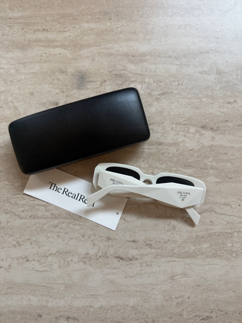 Prada White Rectangular Sunglasses with Black Lenses and Logo Detail
